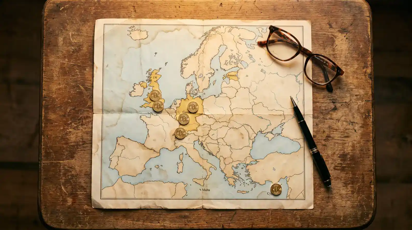Europäische Flaggen und Bitcoin-Symbol — der europäische Anteil am Krypto-Wettmarkt