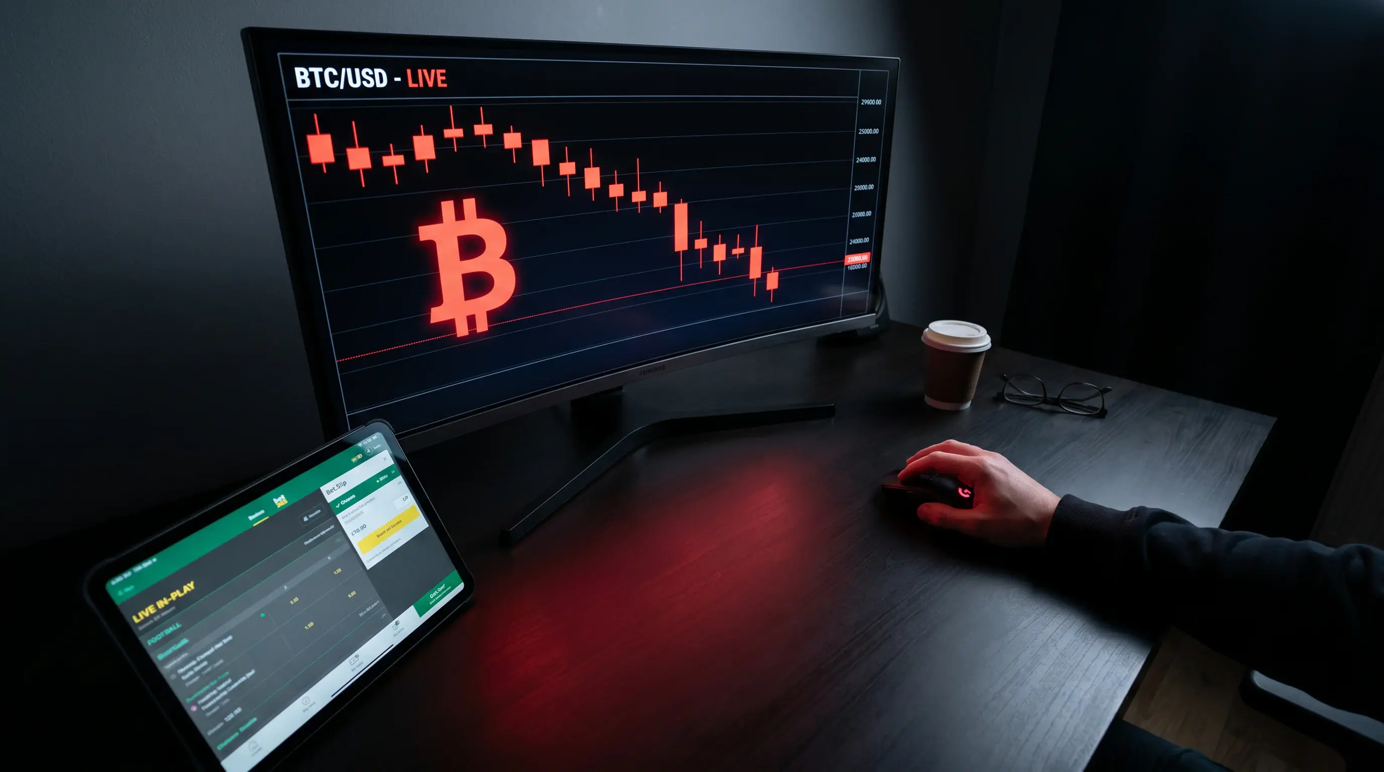 Fallender Bitcoin-Kurs auf einem Bildschirm neben einem Wettschein — Kursrisiko bei Sportwetten