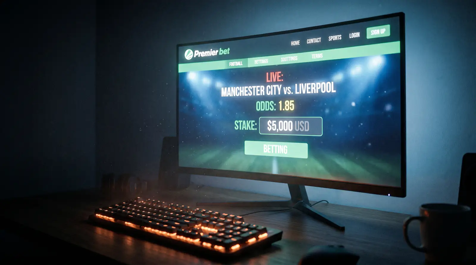 Wettschein mit hohem Bitcoin-Einsatz auf einem Monitor — Tier-1-Sportart Fußball