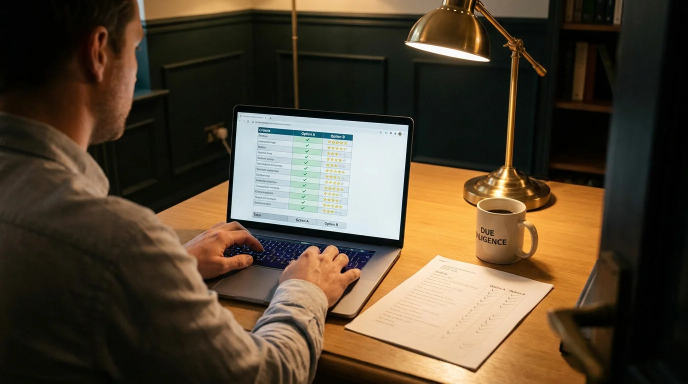 Analyst vergleicht Krypto-Buchmacher-Kriterien auf dem Laptop — Tabelle mit Bewertungen