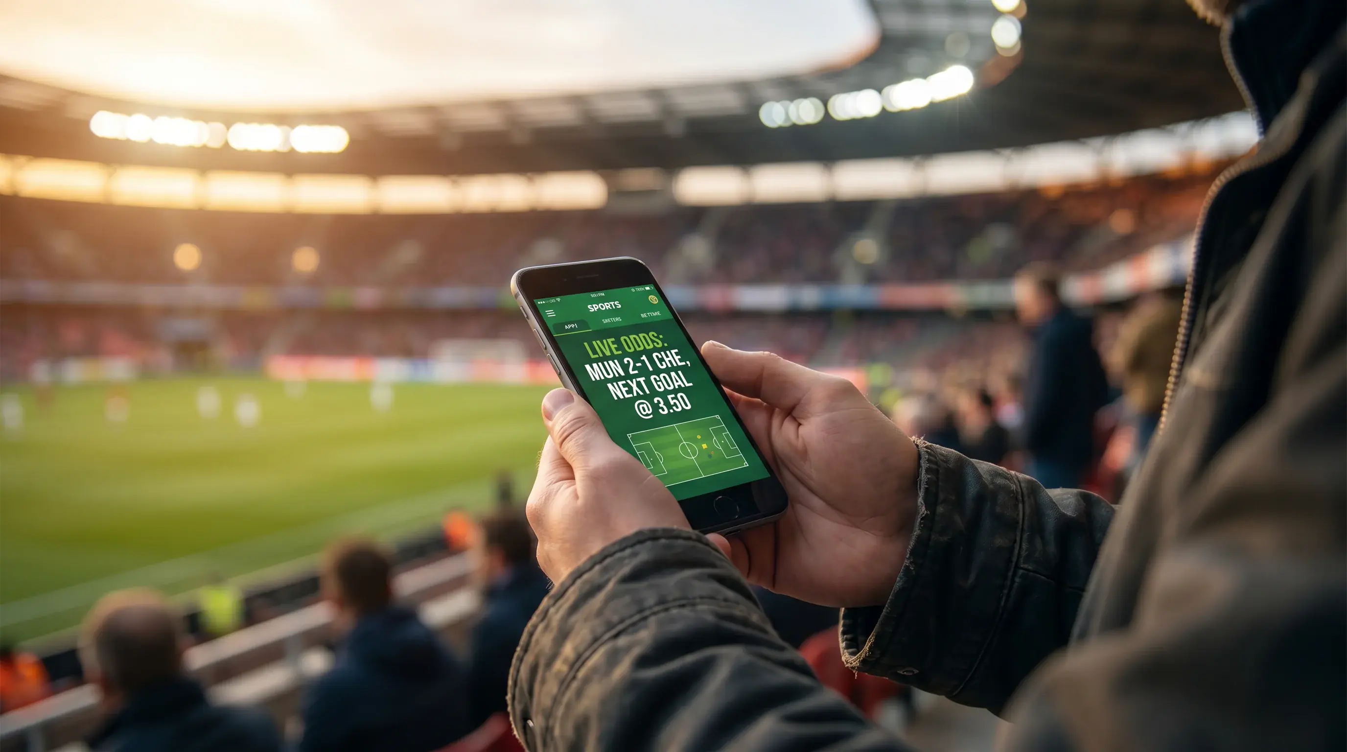 Sportwetter prüft Bitcoin-Wettquoten auf dem Smartphone in einem Fußballstadion