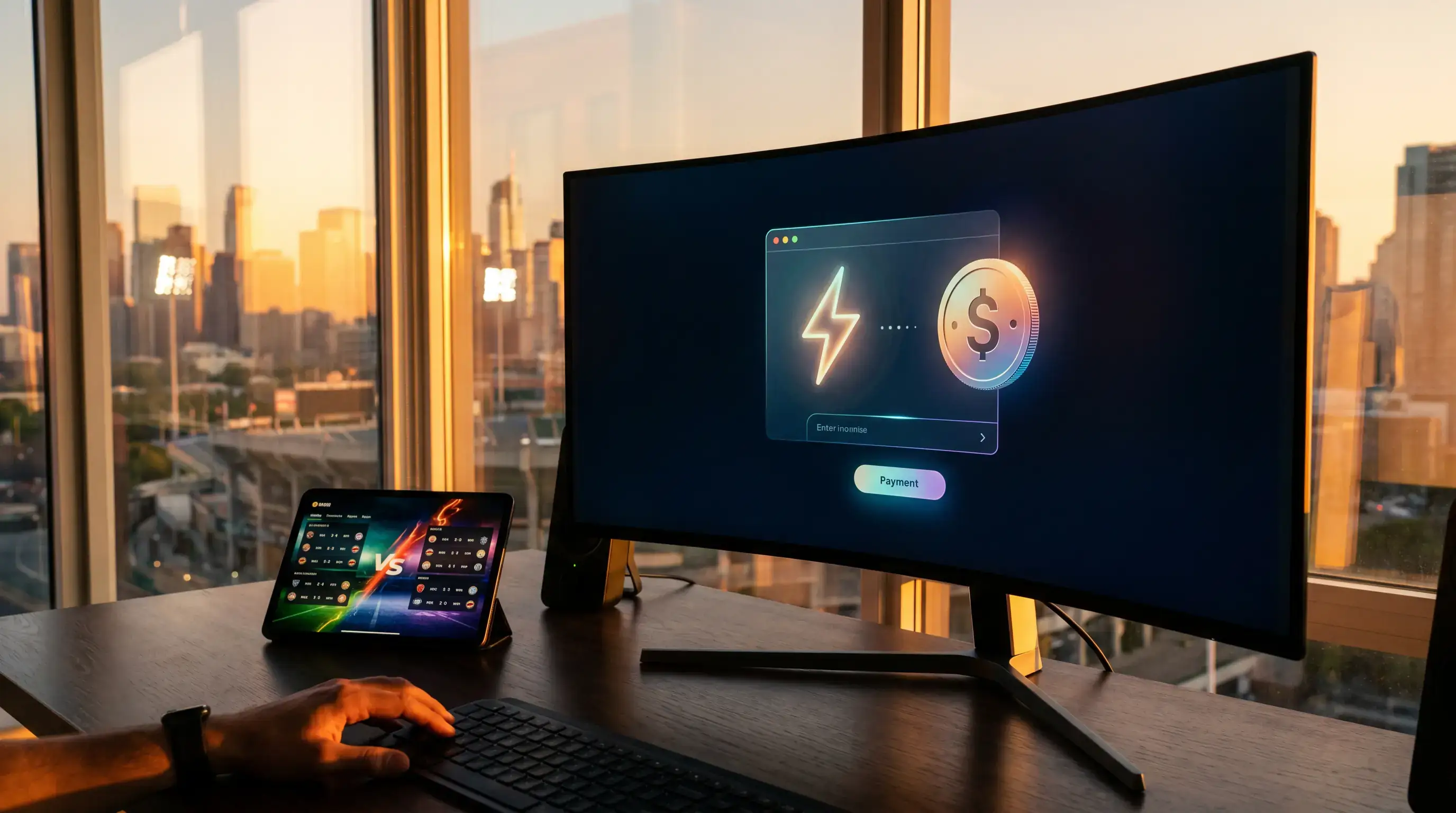 Stablecoin-Symbol und Lightning-Blitz neben einem Fußball — Zukunft der Krypto-Sportwetten